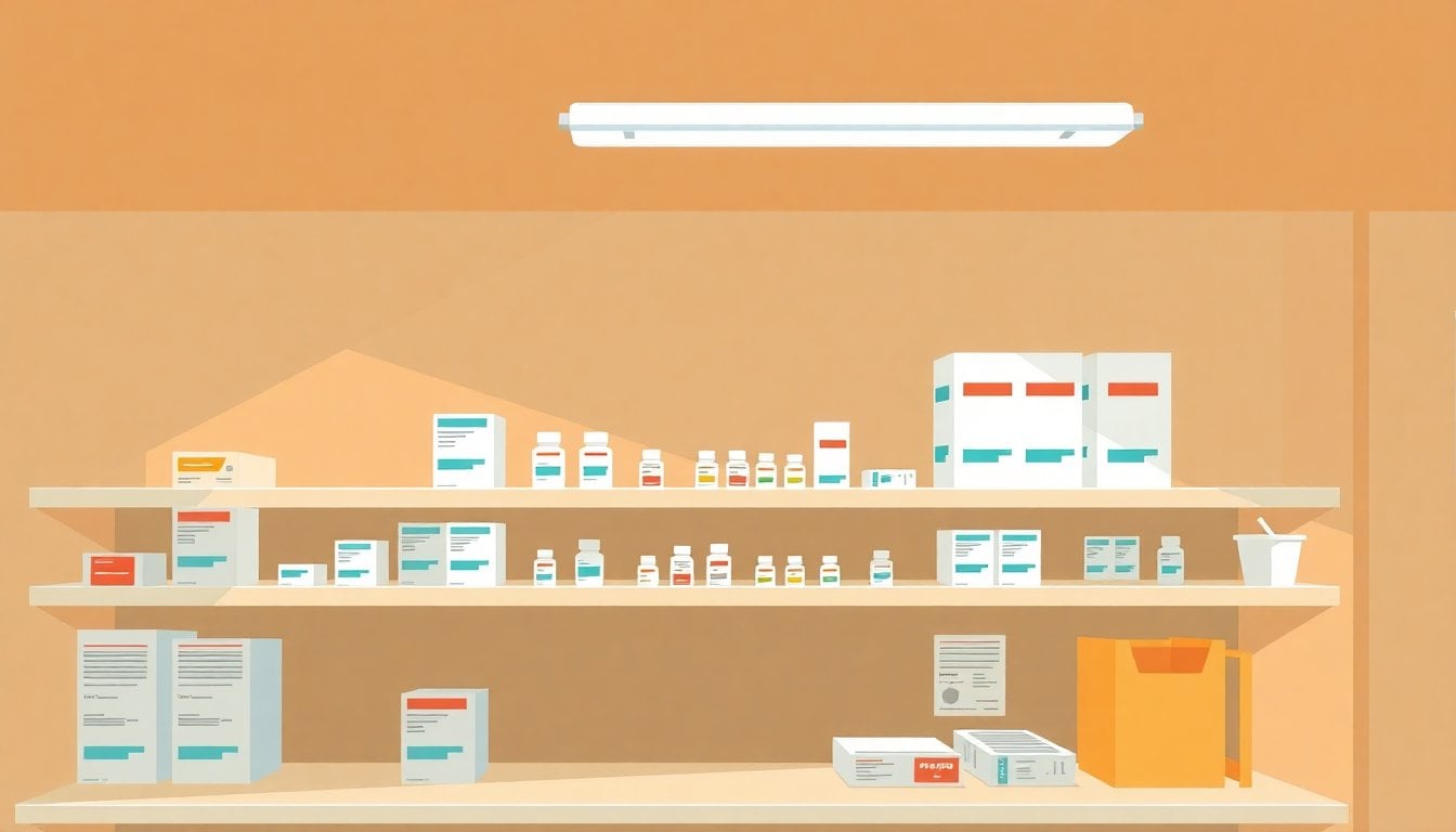 empty public health clinic pharmacy shelf with reduced medicine stock, boxes of generic drugs and prescription papers, fluorescent light, no people visible