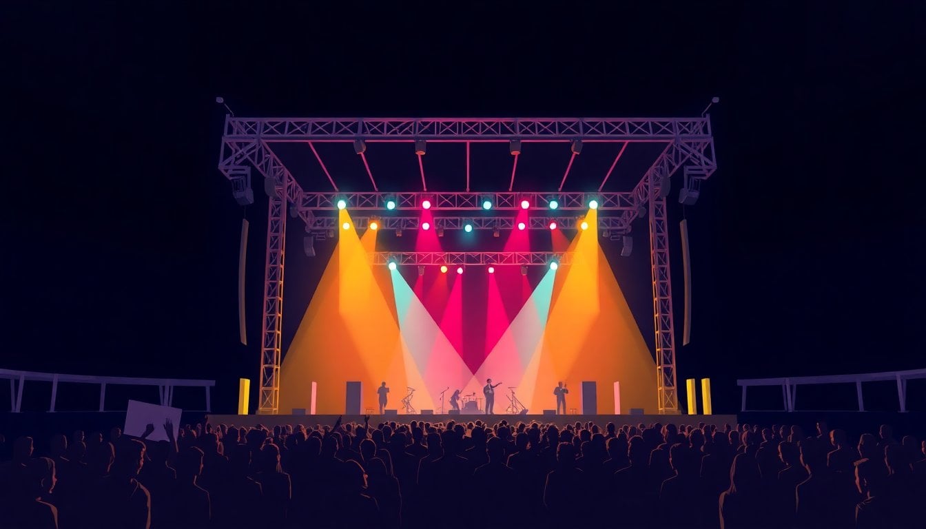 outdoor music festival stage at Parque de la Ciudad Buenos Aires, colorful lights, crowd in front of stage, night event setup
