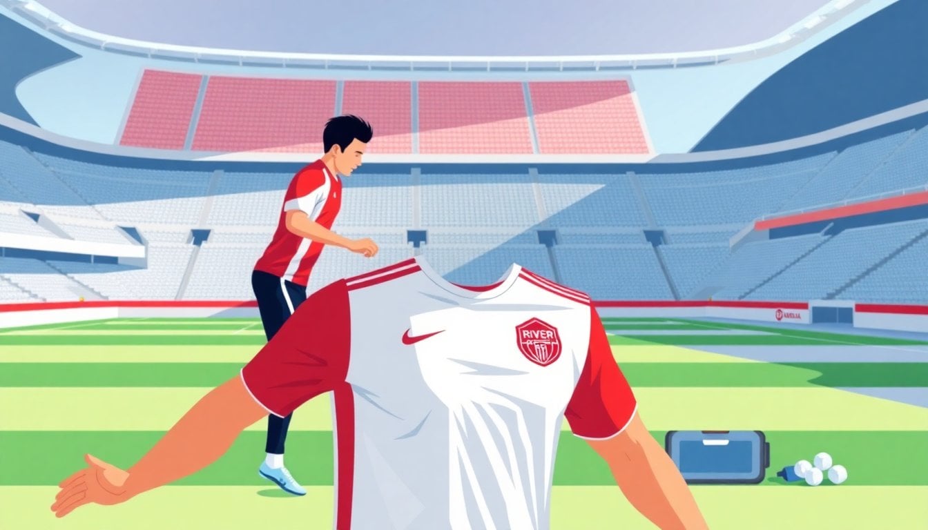 Marcos Acuna training on River Plate practice field, red and white jersey, medical ice pack nearby, empty stadium stands in background, daylight