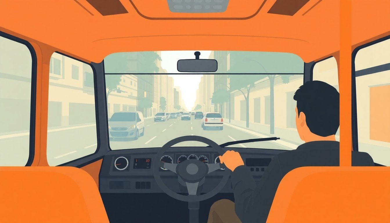Buenos Aires province public bus interior driver seat view, colectivo steering wheel, urban street through windshield, daytime