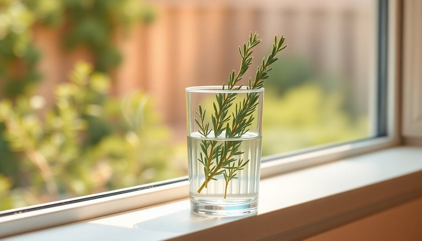 fresh rosemary sprig in a clear glass of water on a kitchen windowsill, natural light, close-up, blurred garden background