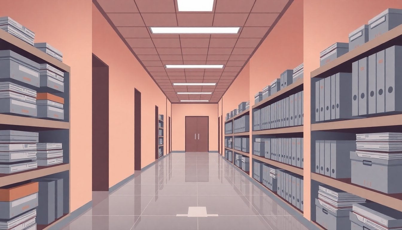 Argentine federal courthouse interior hallway with file folders stacked on shelves, empty corridor, fluorescent lighting