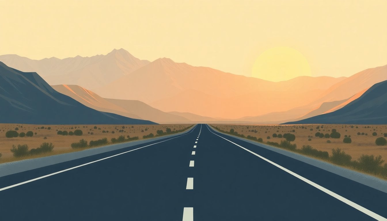 national highway road through Andean foothills in San Juan province Argentina, asphalt road stretching toward mountains, sunny day, no people