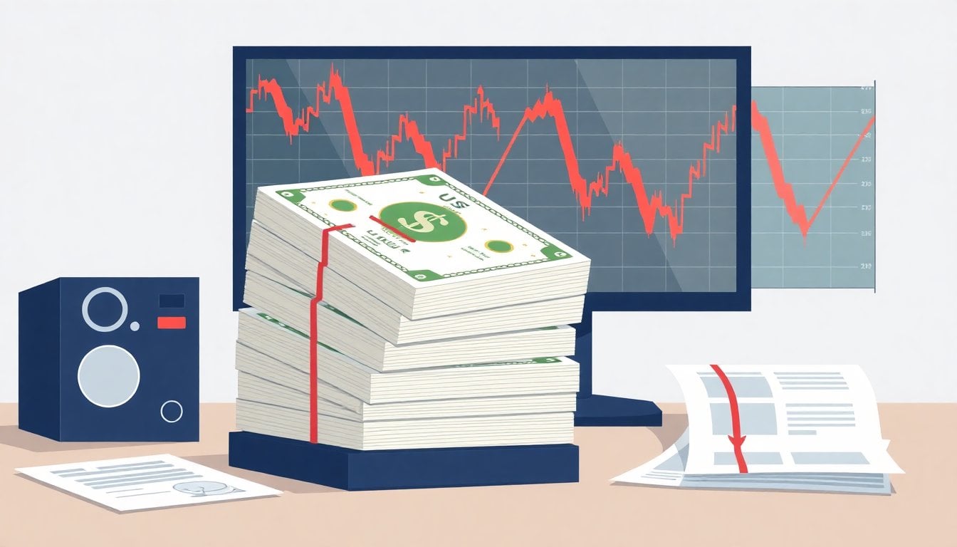 stack of US dollar bond certificates on a desk with a financial chart on a monitor, Argentine provincial treasury office documents nearby, no people visible
