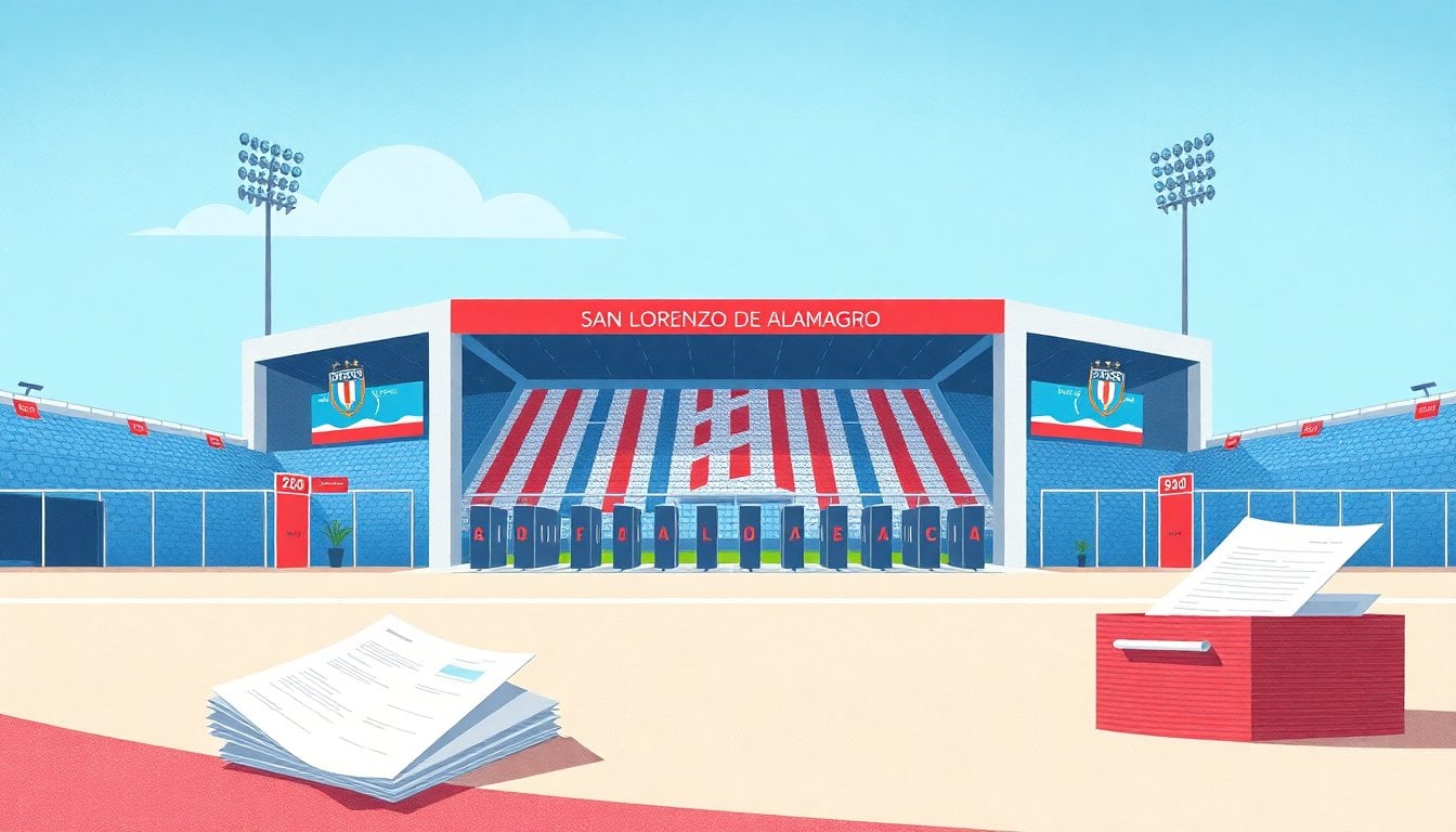 San Lorenzo de Almagro stadium entrance with club colors and empty turnstiles, daylight, judicial papers in foreground, no people visible