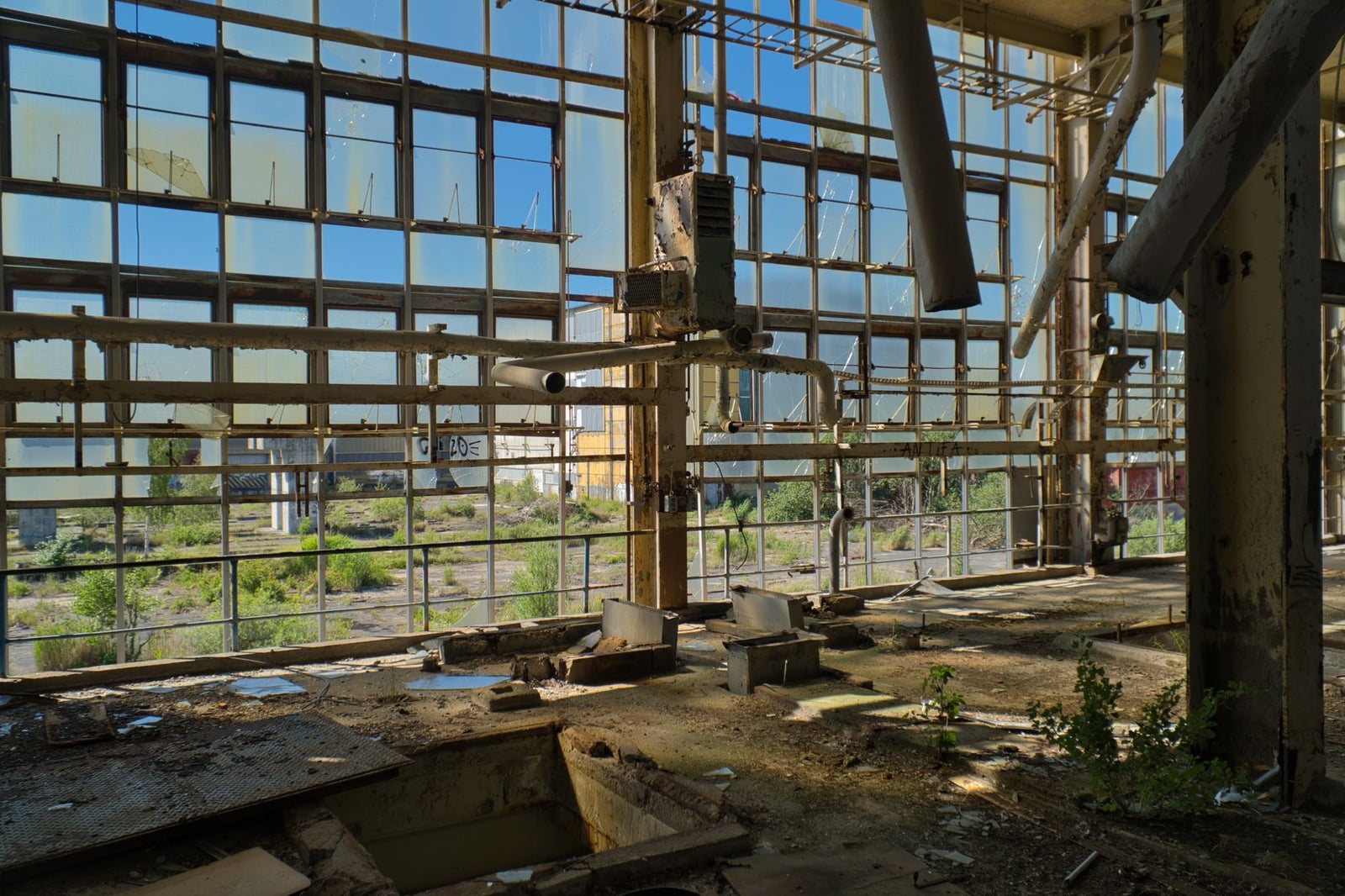 Explora un almacén abandonado en Alemania con ventanas rotas y vegetación descontrolada.