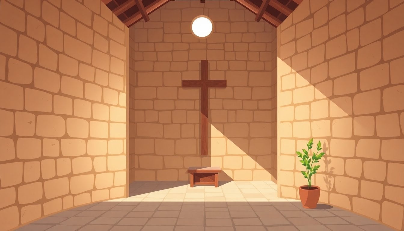colonial garden cell Lima Peru stone walls with wooden cross, soft natural light, no people, quiet devotional space