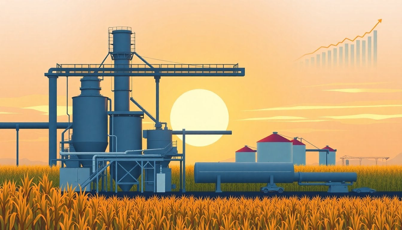 sugar cane industrial mill refinery in Tucumán Argentina, large metal processing machinery, cane field in background, golden hour light