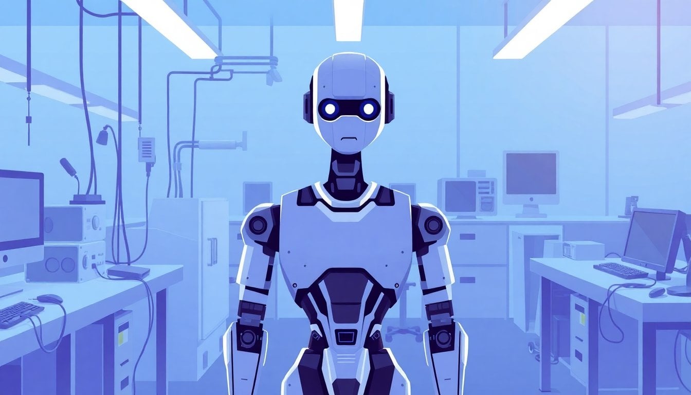 humanoid robot prototype in a robotics lab with sensors, cables, and engineering workbenches, modern industrial setting, no people in foreground