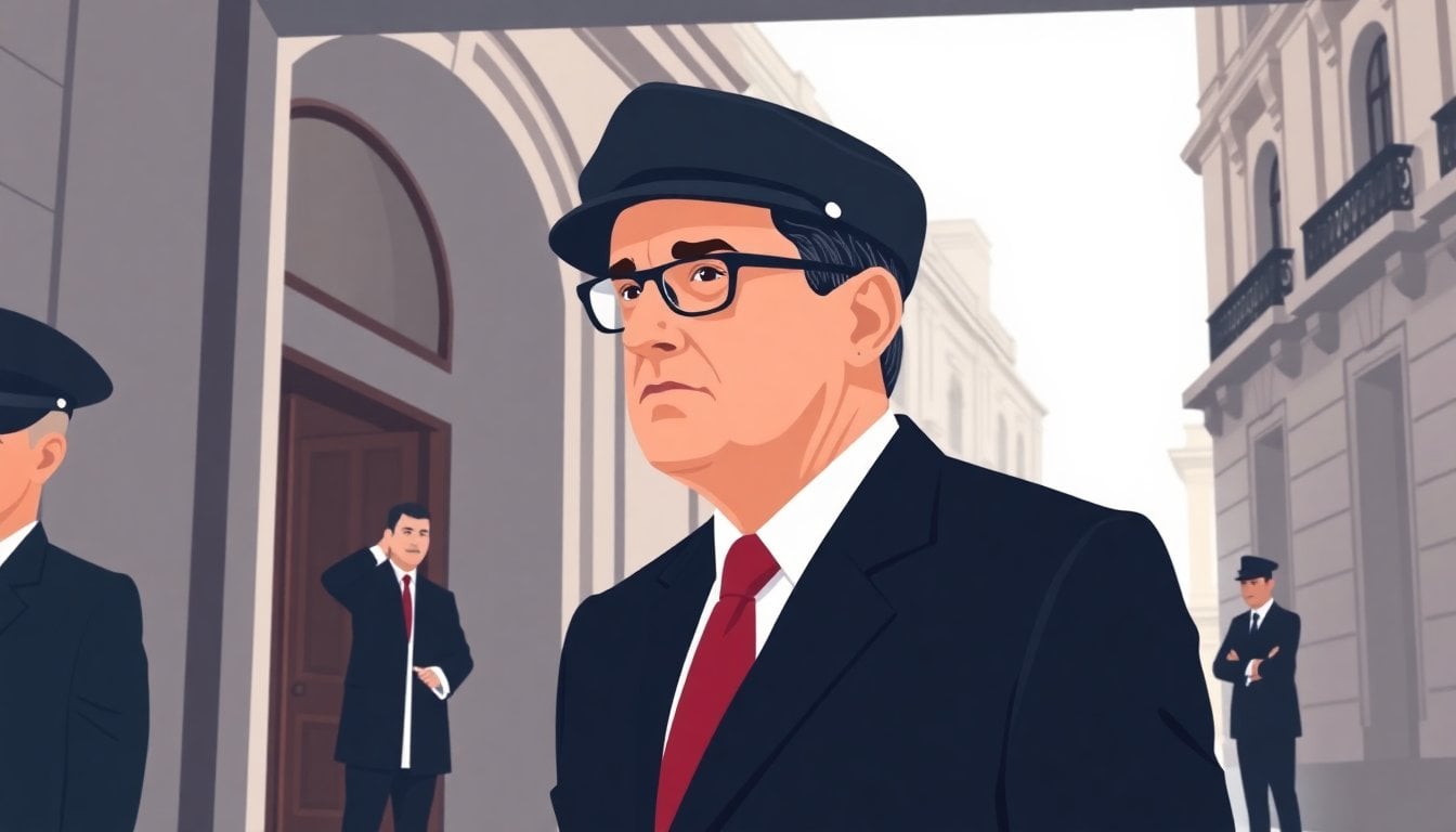 Santiago Caputo Argentine presidential advisor in dark suit and flat cap, official ceremony entrance, Buenos Aires architecture background