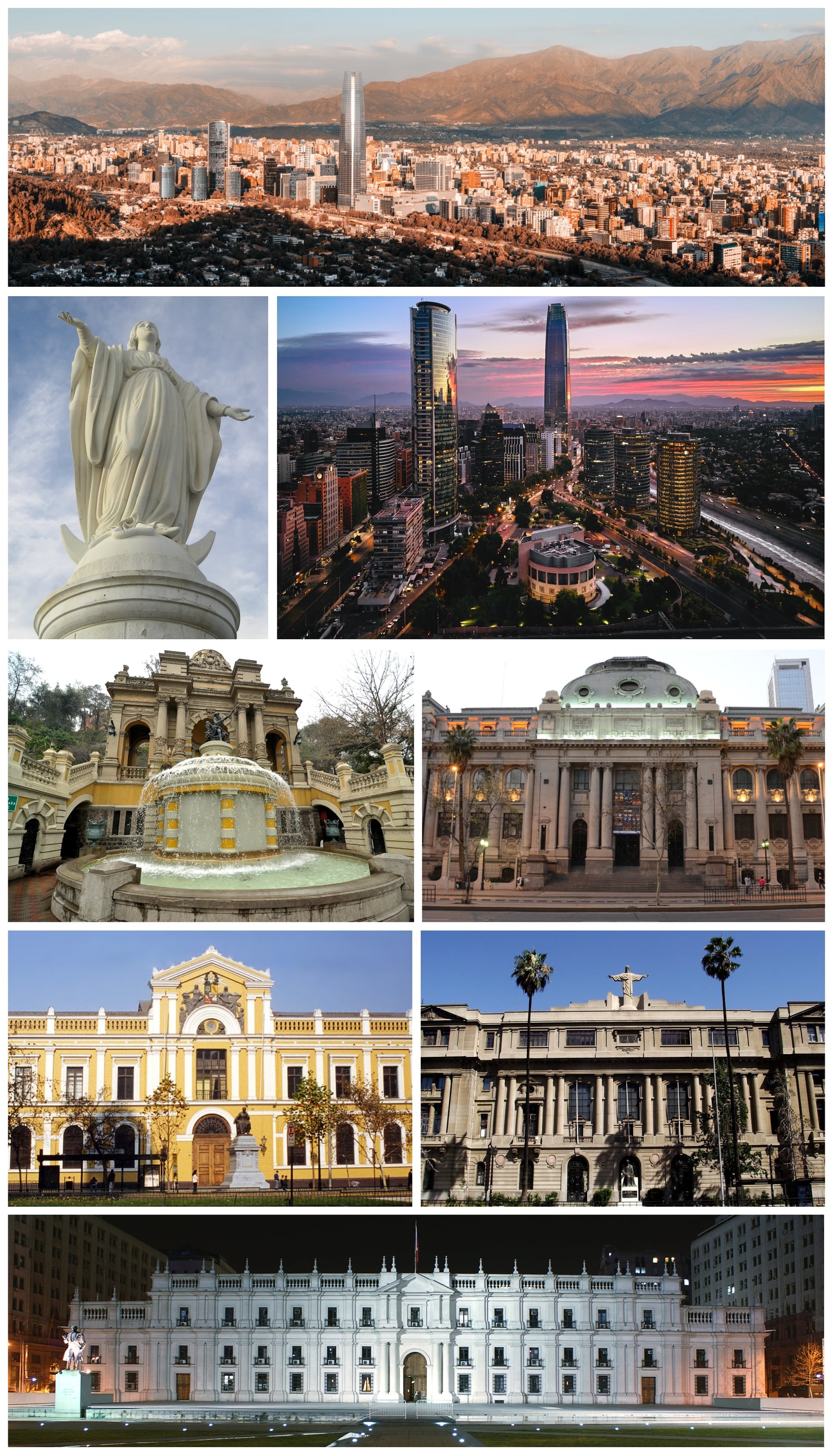 Montage of Santiago de Chile, Santiago Metropolitan Region, Republic of Chile. Description: Left to right, from top to bottom 1º row: Panoramic of Santiago. 2º row: Statue of the Immaculate Conception