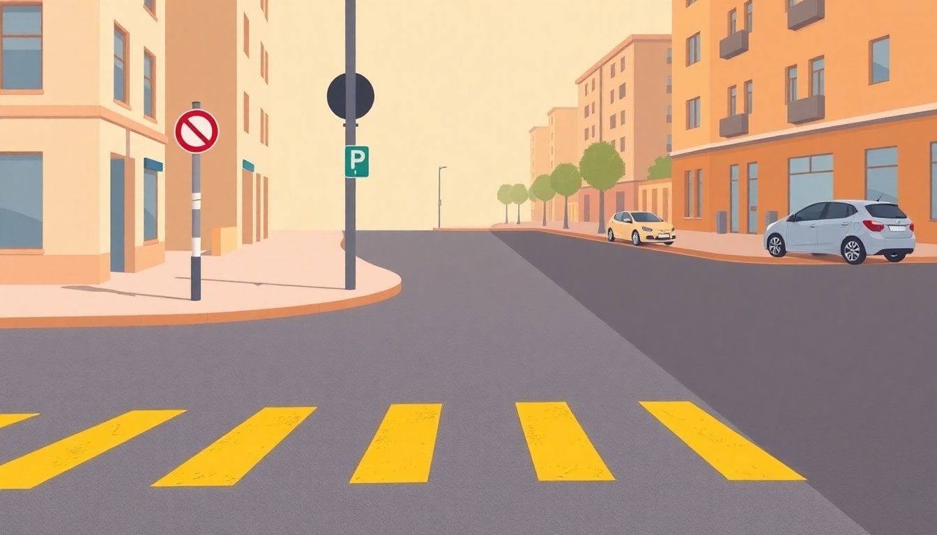 yellow road markings painted on asphalt at urban intersection, Argentina street, no parking sign on pole nearby, daytime
