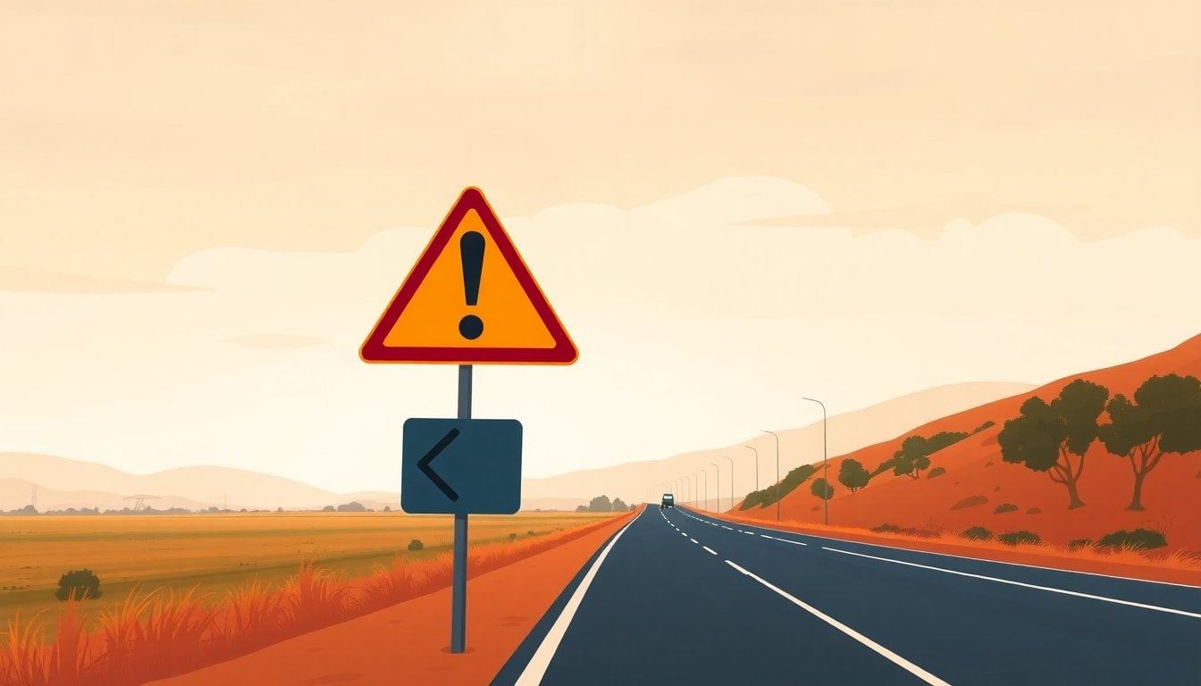 Argentine road warning sign triangle with exclamation mark on rural highway, overcast sky, no people visible