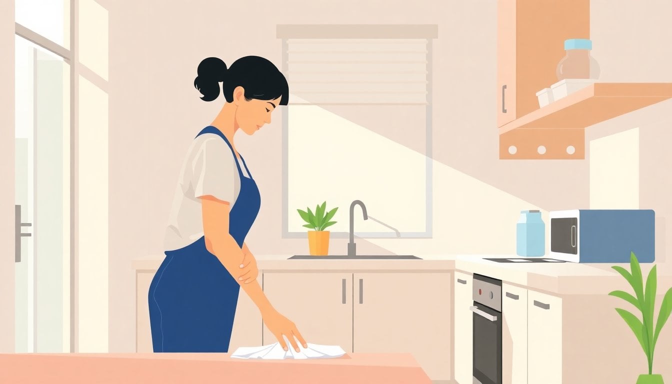Argentine domestic worker cleaning a modern apartment kitchen, natural light, no face visible, realistic editorial style
