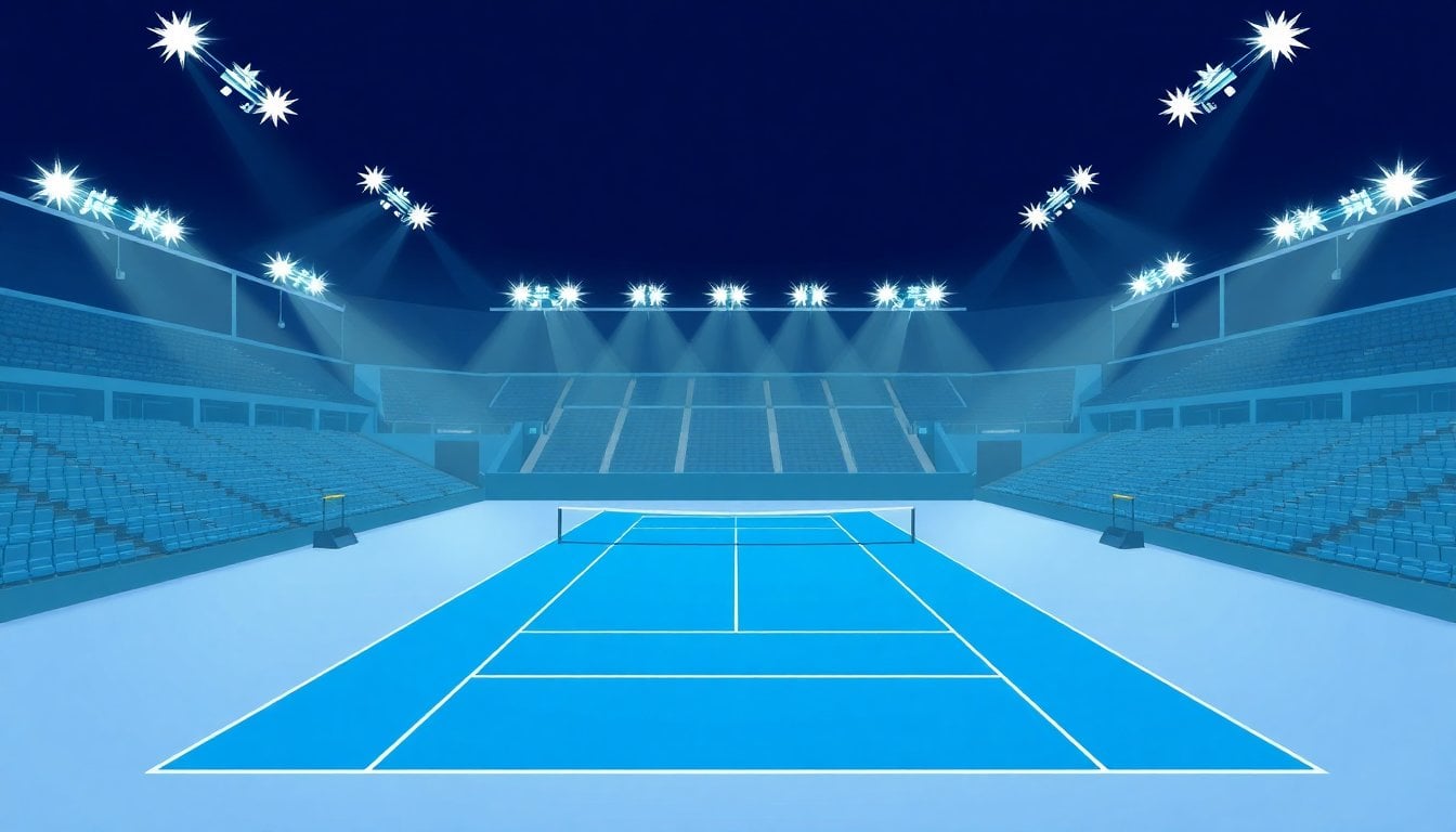 professional tennis court at Qi Zhong Tennis Center in Shanghai with blue hardcourt, empty seats, bright stadium lights, no players visible