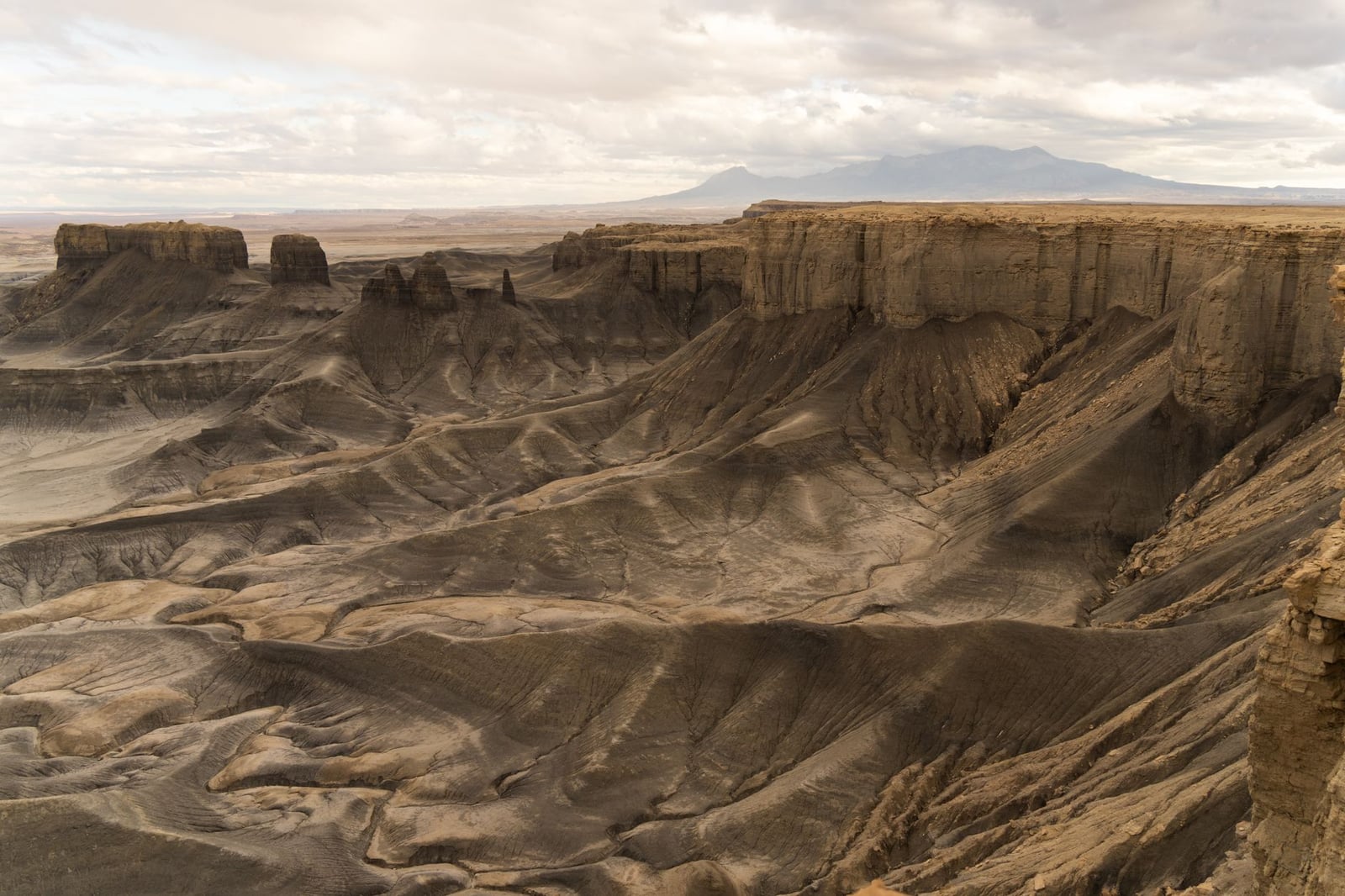 Inmenso y accidentado paisaje del cañón de Utah con espectaculares acantilados bajo un cielo nublado.