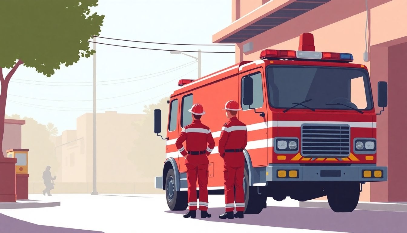 Argentine volunteer firefighters in red uniforms standing beside a fire truck outside a cuartel, mid-morning light, no emergency in progress