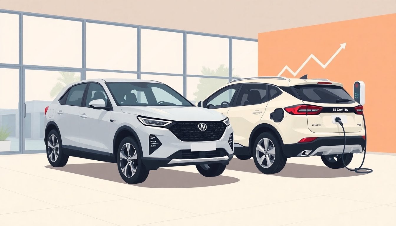 two compact SUVs parked inside a modern car dealership showroom, one electric model with charging cable visible, bright glass walls, no people visible