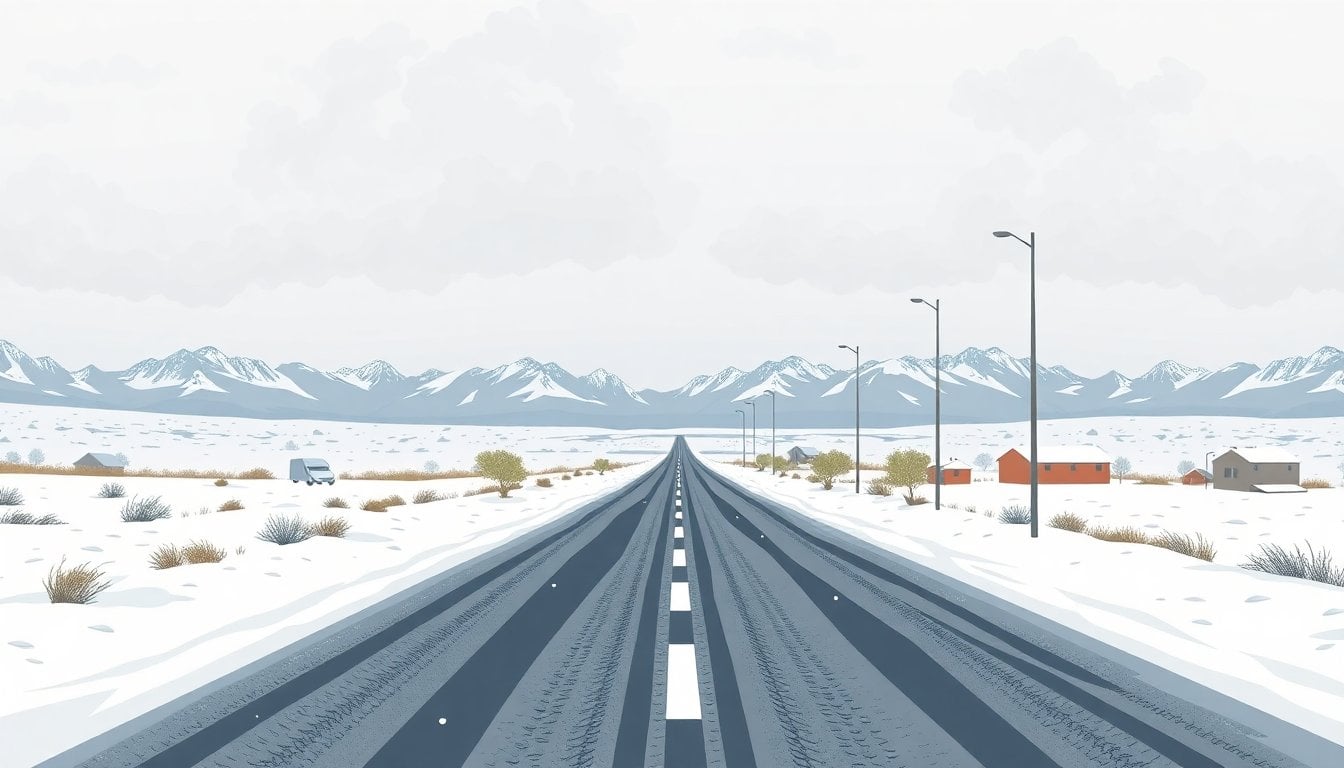 snowfall over Patagonian landscape in Argentina, heavy clouds, icy road surface, no people, wide angle, overcast winter light