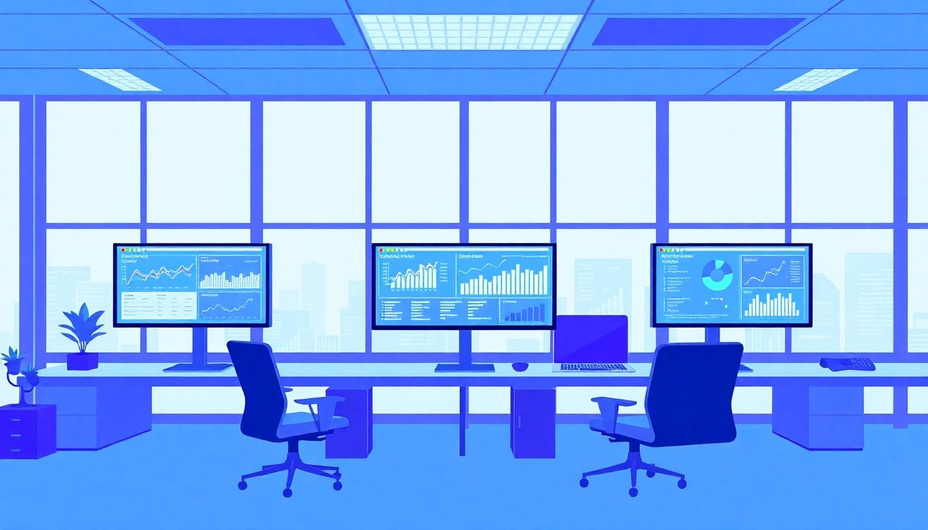 open office workspace with multiple monitors showing interconnected sales and marketing data dashboards, no people, modern corporate environment, daylight