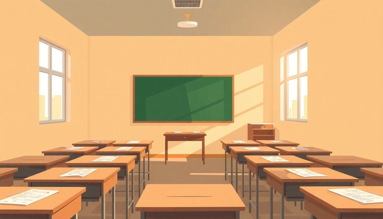 empty classroom with worn school desks and a chalkboard, sunlight through windows, educational report papers on a teacher's desk, no people visible