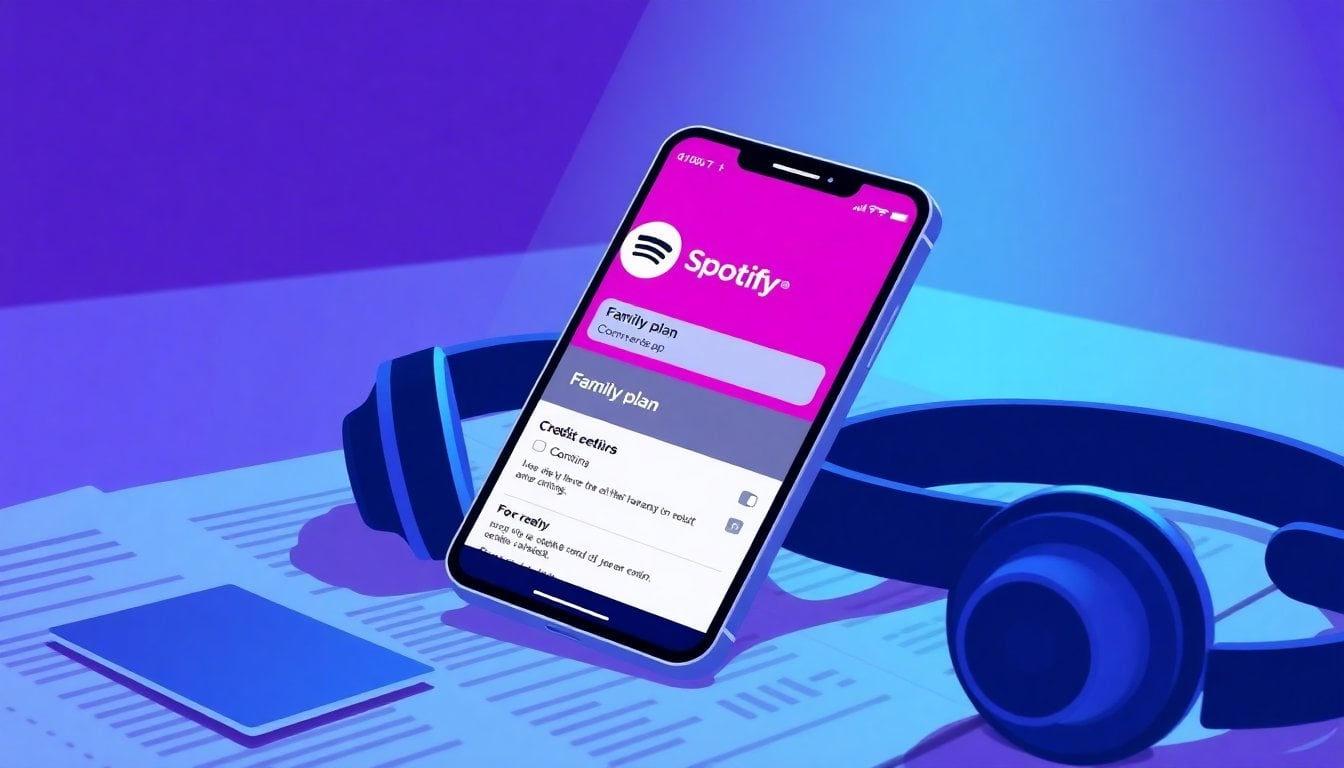 smartphone displaying the Spotify app with family plan settings and verification screen, headphones and credit card on a desk, close-up