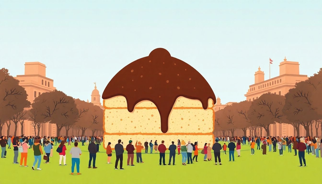 giant alfajor dessert record attempt outdoor event Buenos Aires Recoleta park, crowds watching, large structure covered in chocolate