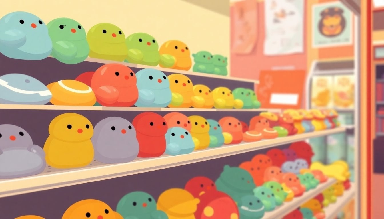 colorful squishy silicone dumpling toys displayed on a store shelf, bright lighting, close-up, no people