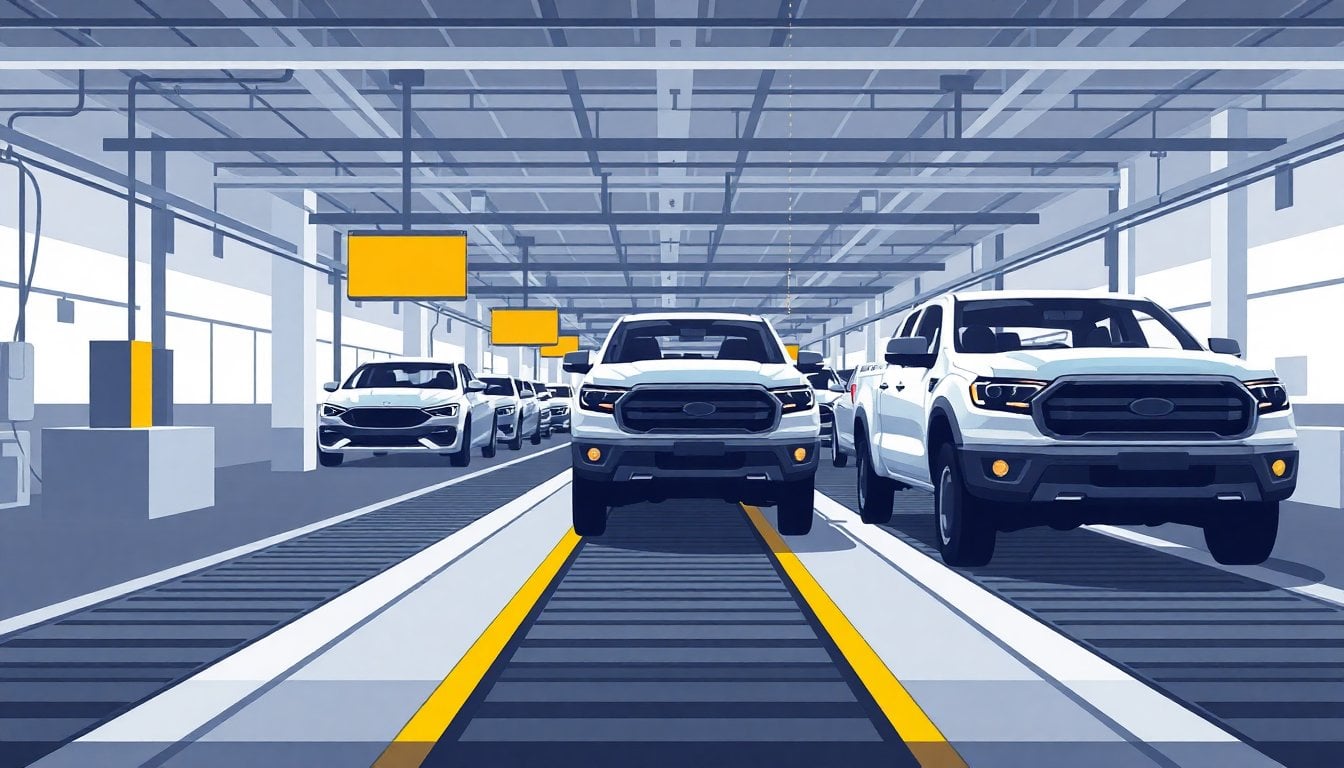 automotive assembly plant in Córdoba Argentina, conveyor belts, unfinished pickup trucks in production line, industrial interior, no people visible