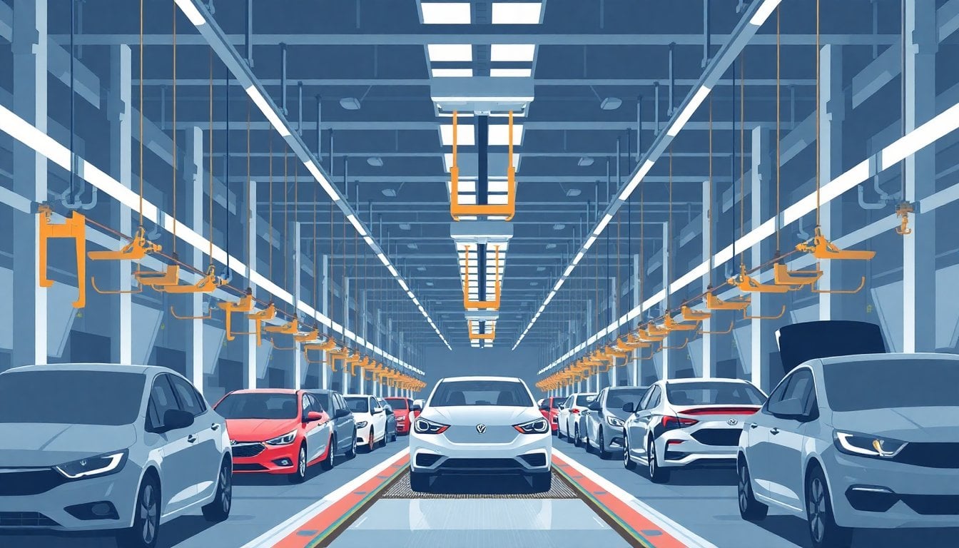 empty automotive assembly line inside a modern Argentine car plant, suspended conveyor belts, parked vehicles, industrial lighting, no workers visible