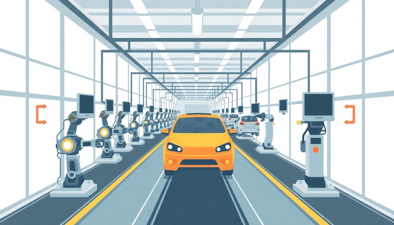 empty automotive assembly line inside a Stellantis factory in Argentina, robots and conveyor belts still, industrial interior, no people visible