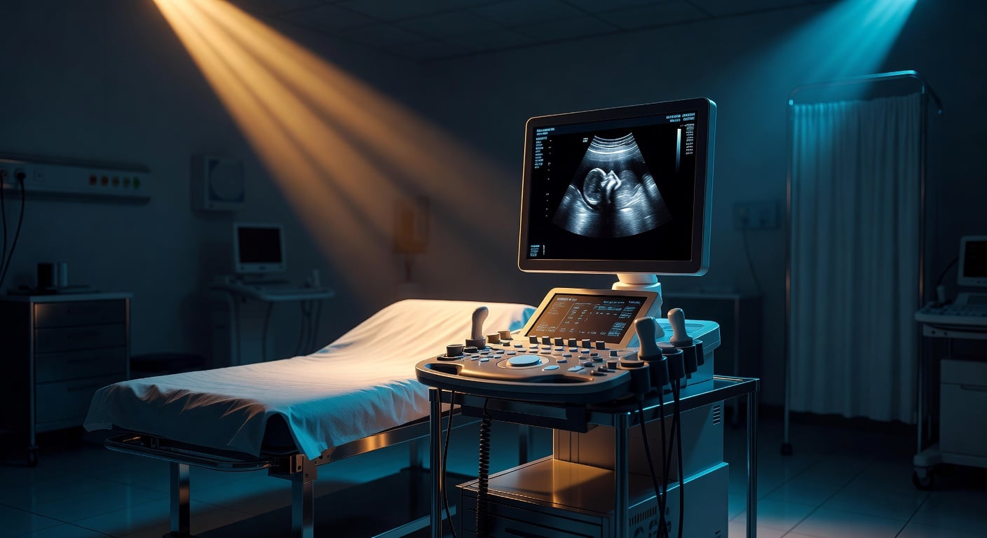 ultrasound machine in a dim medical examination room, screen glowing with scan image, no patient visible, clinical setting