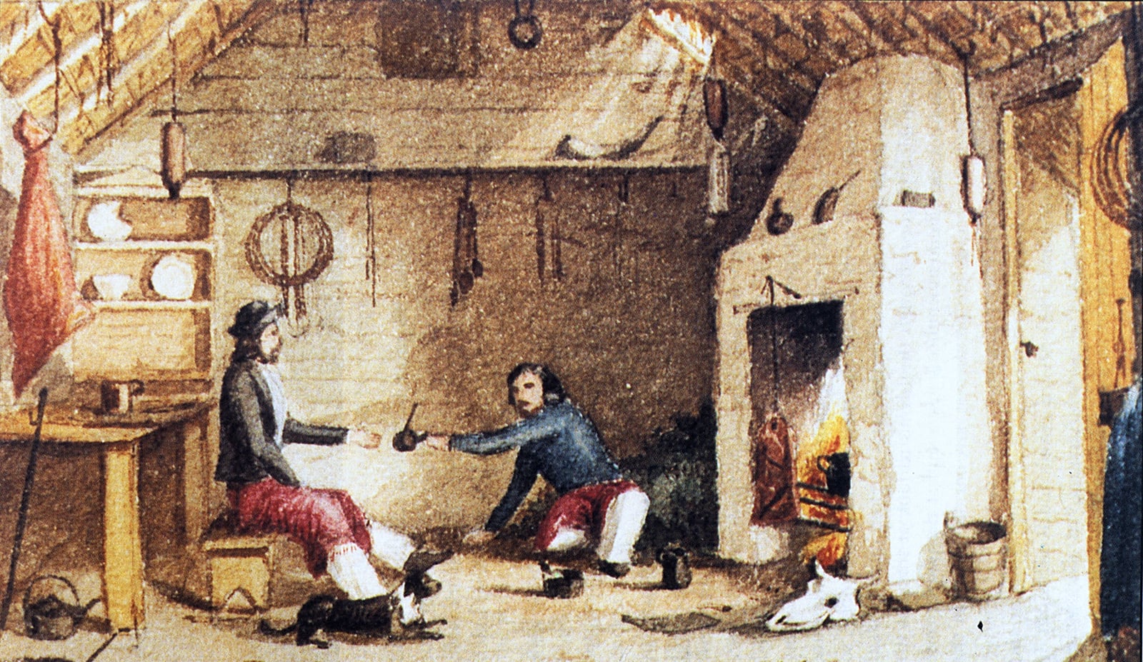Falklands/Malvinas gauchos having mate at Hope Place - Saladero, East Falkland. Watercolour by William Pownell Dale, son of John Pownell Dale manager of Hope Place in the 1850s.