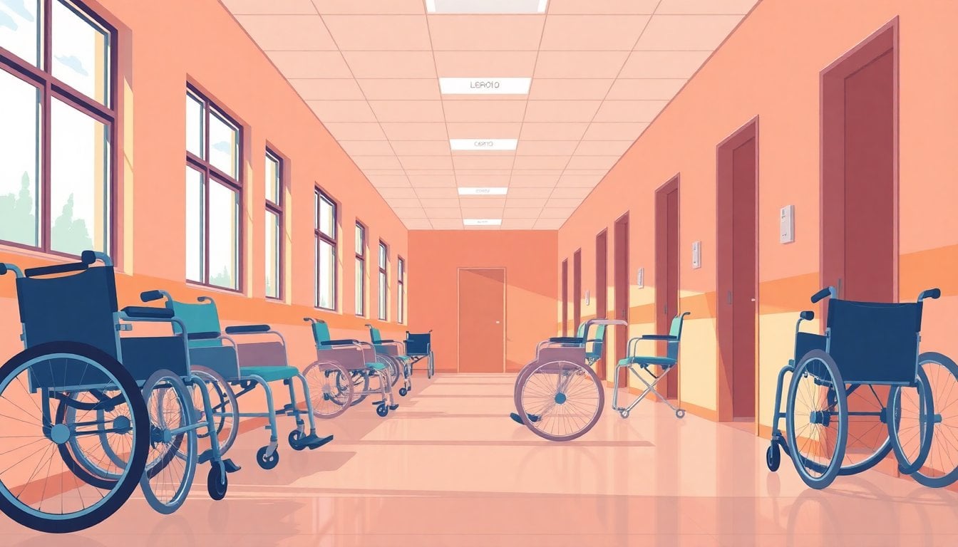 Argentine disability care center hallway with wheelchairs and therapy equipment, natural light through windows, no people visible