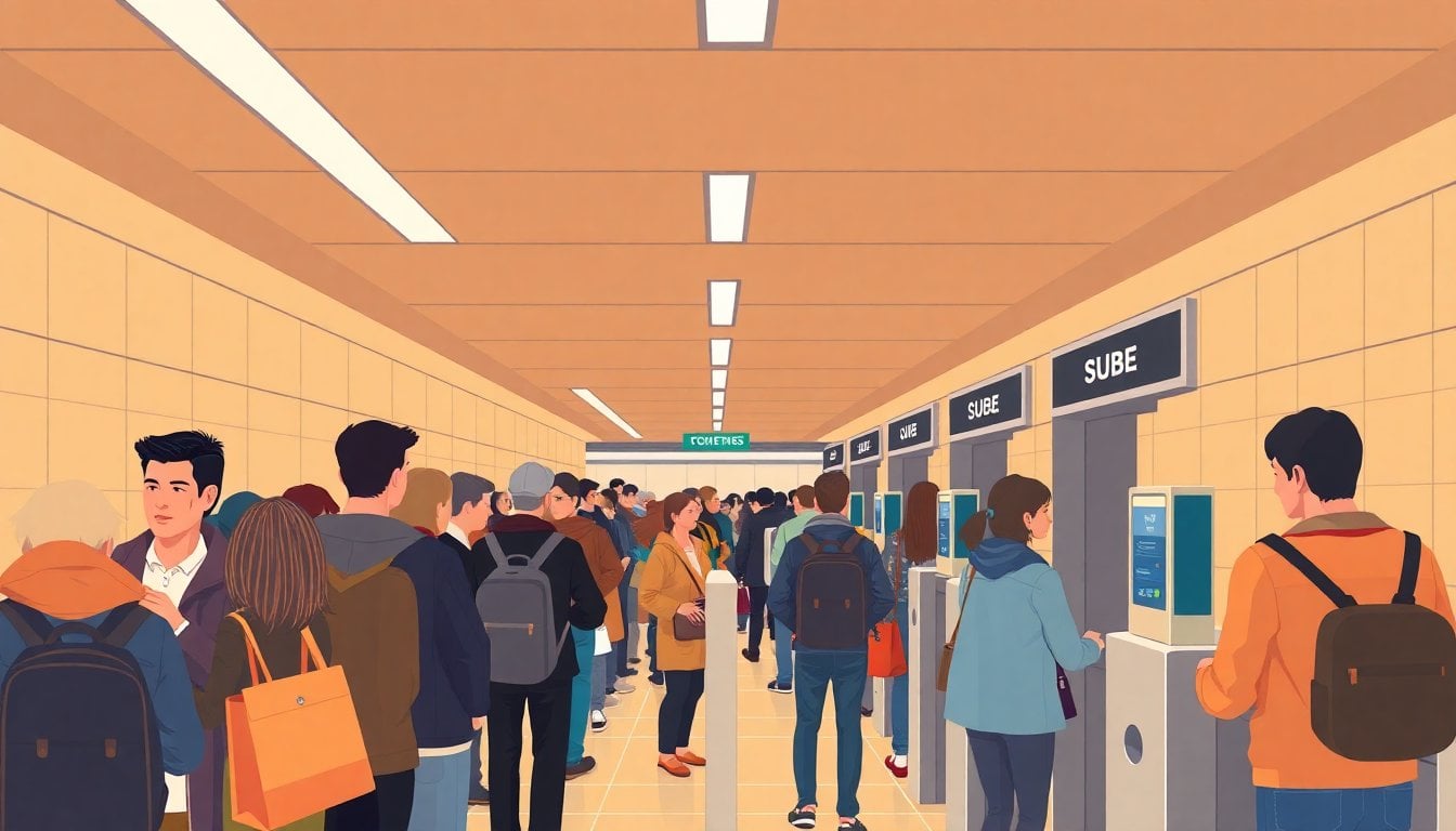 long queue of commuters waiting at Buenos Aires subway turnstiles during morning rush hour, SUBE card readers visible, fluorescent lighting underground