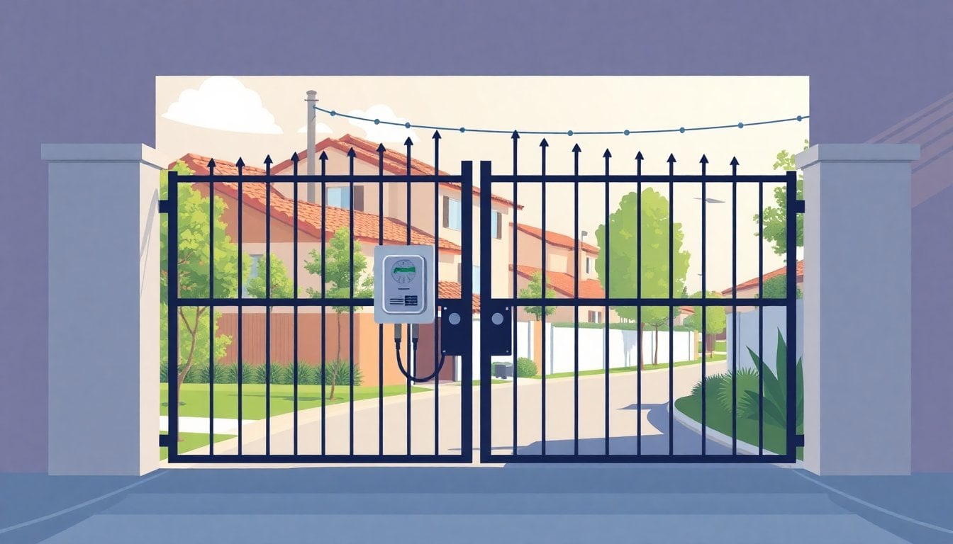 Argentine residential gated community entrance gate with electric meter panel on wall, suburban street, daytime