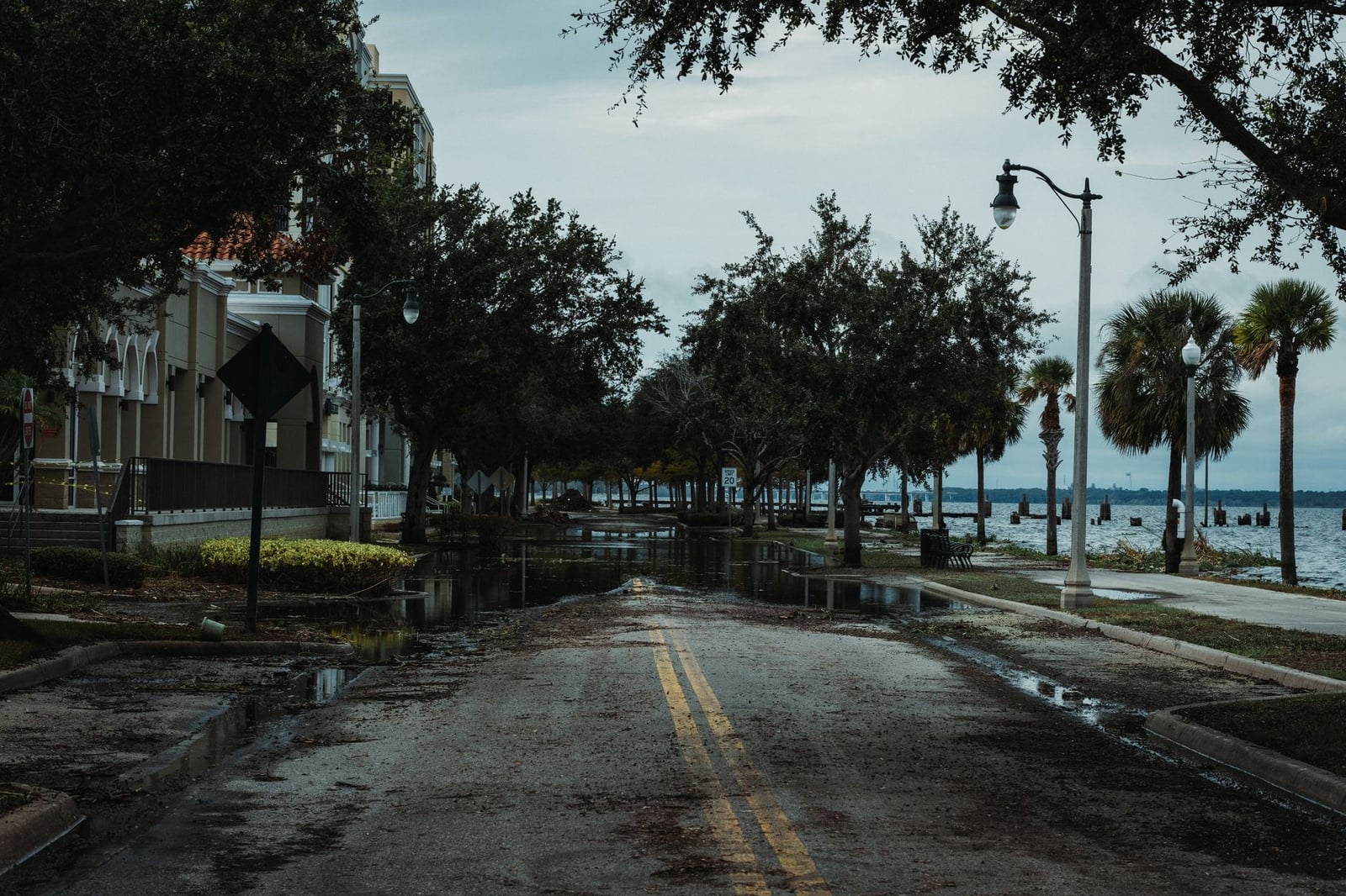 Una calle urbana inundada con palmeras, edificios y charcos, bajo un cielo nublado.