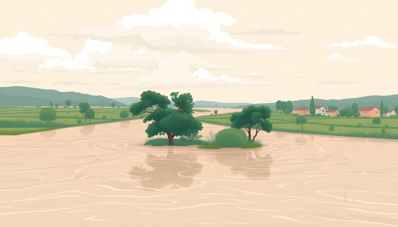 flooded Argentine river overflowing its banks, trees partially submerged, cloudy sky, rural landscape, wide angle
