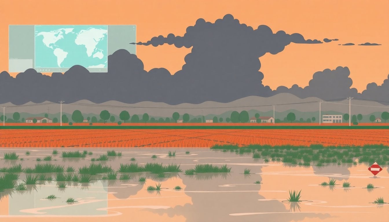 flooded agricultural field in Argentina with dark storm clouds, weather radar screen in the background, standing water reflecting the sky
