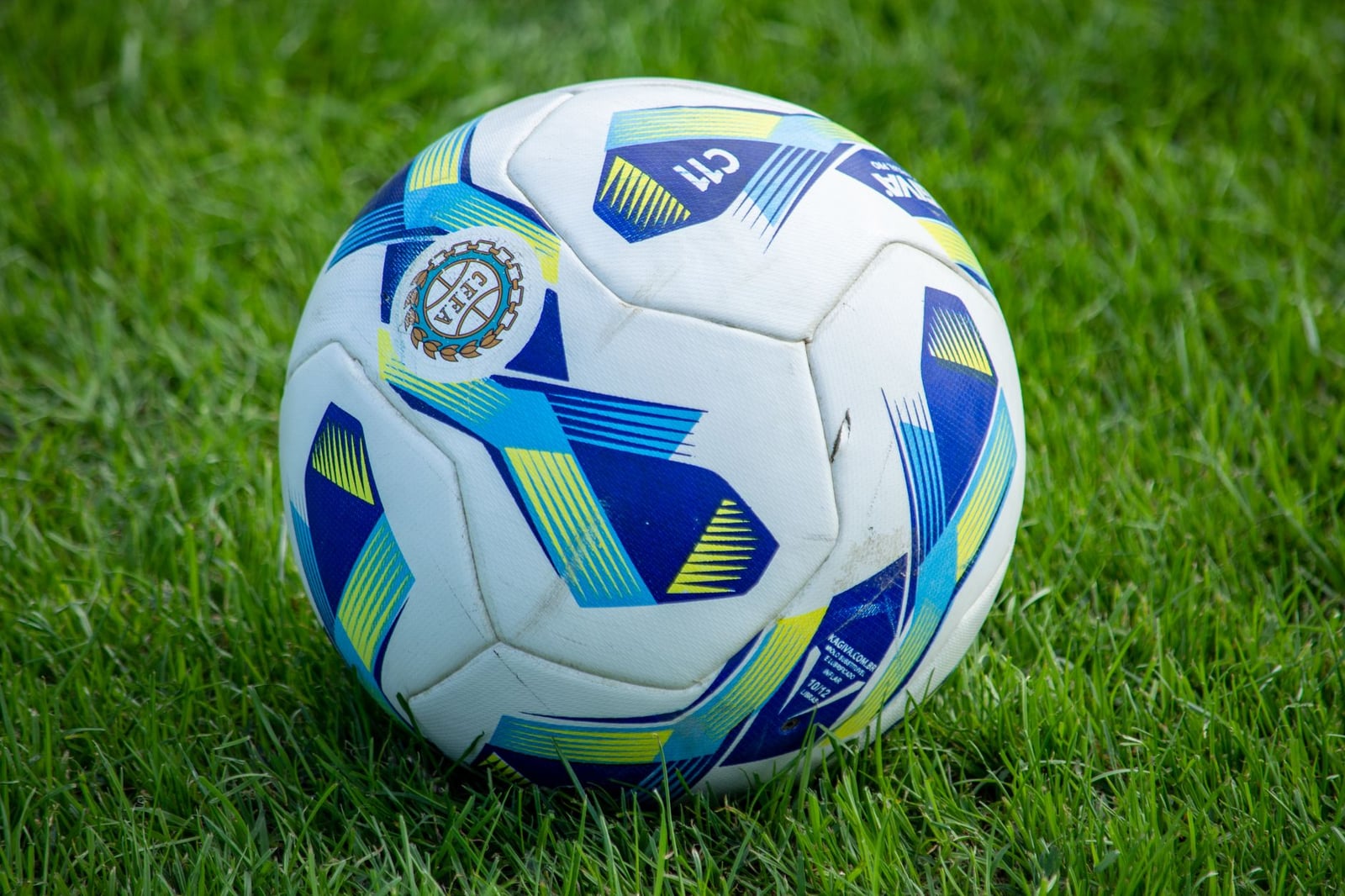 Primer plano de un balón de fútbol colorido sobre un césped verde vibrante, perfecto para temas deportivos.