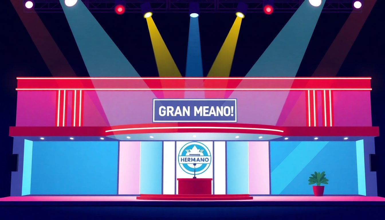 Gran Hermano Argentina television reality show house facade exterior set, bright lights, logo visible