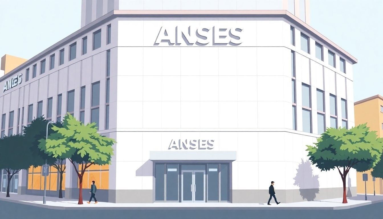 ANSES building exterior facade in Buenos Aires, institutional signage visible, daylight, street level view