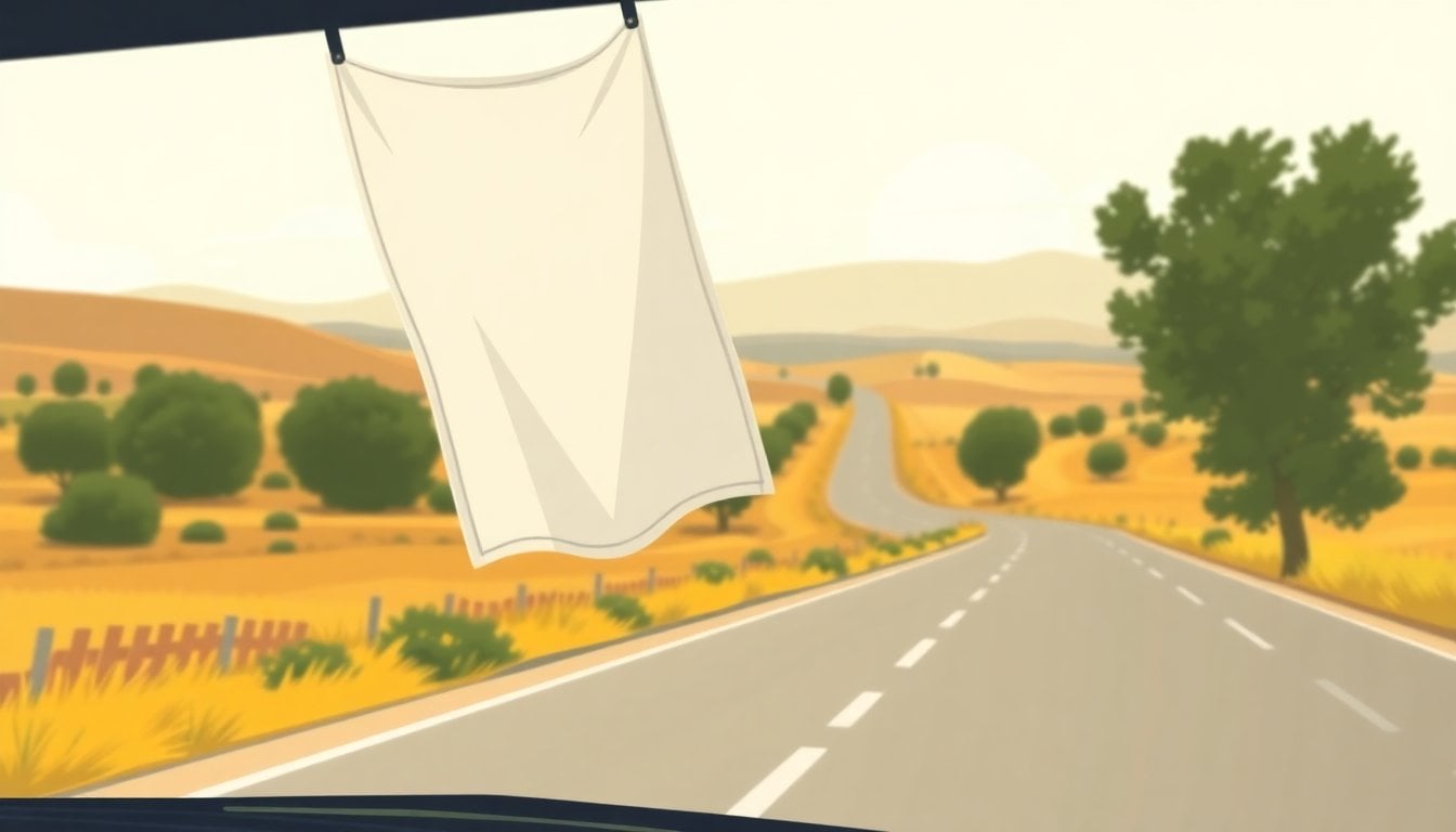white cloth hanging from car window on a highway road, rural landscape, midday light, no people visible