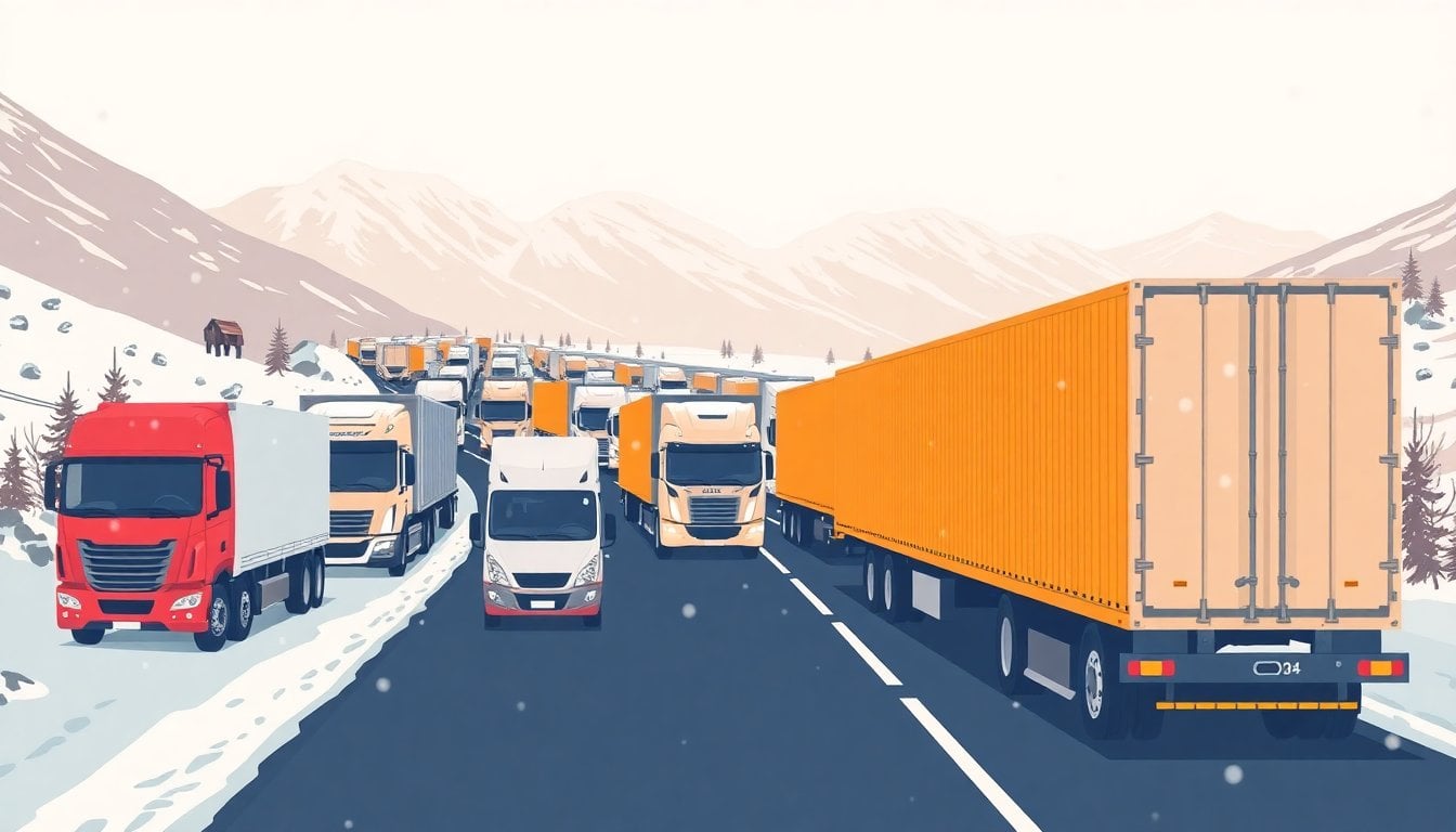 dozens of large cargo trucks stopped in a long queue on a snowy mountain road in the Andes, heavy snowfall, low visibility, cordillera backdrop