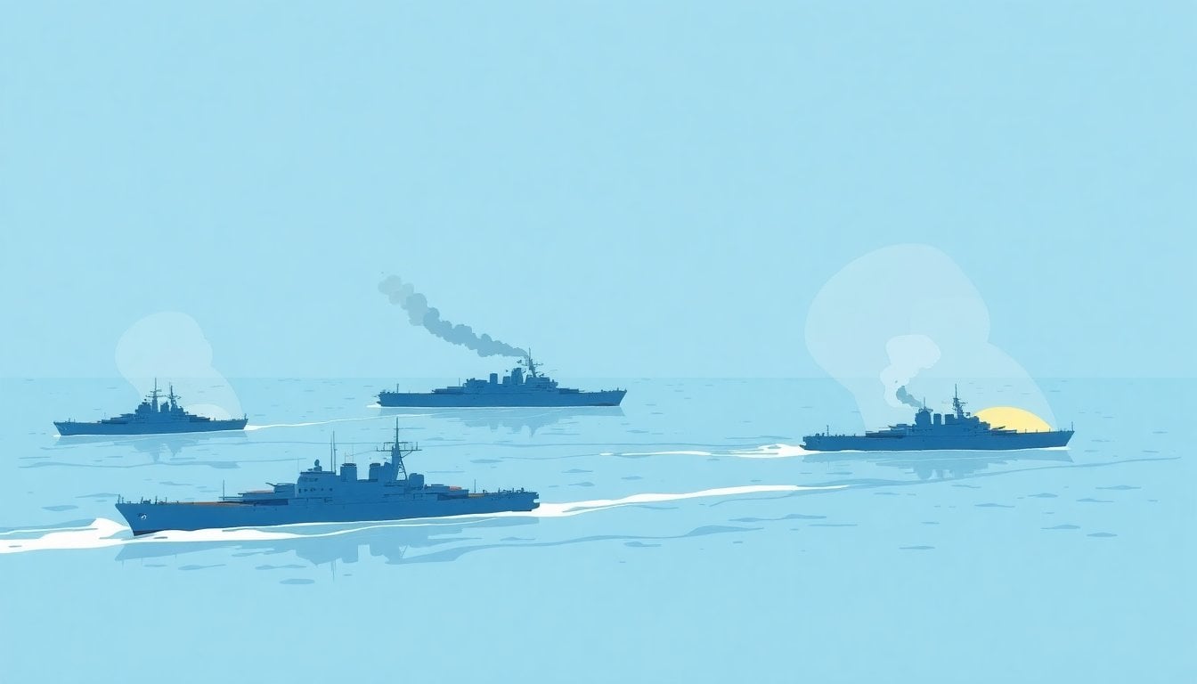 Persian Gulf military installation aerial view with warships and smoke, tense atmosphere, golden hour light