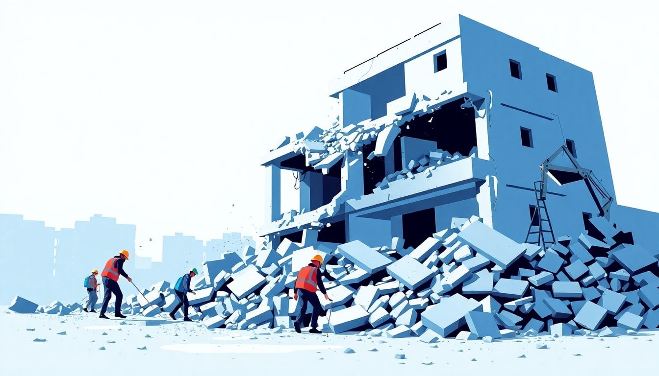 collapsed building rubble in Pereira Colombia after earthquake, rescue workers searching debris, dust and broken concrete, daytime emergency response