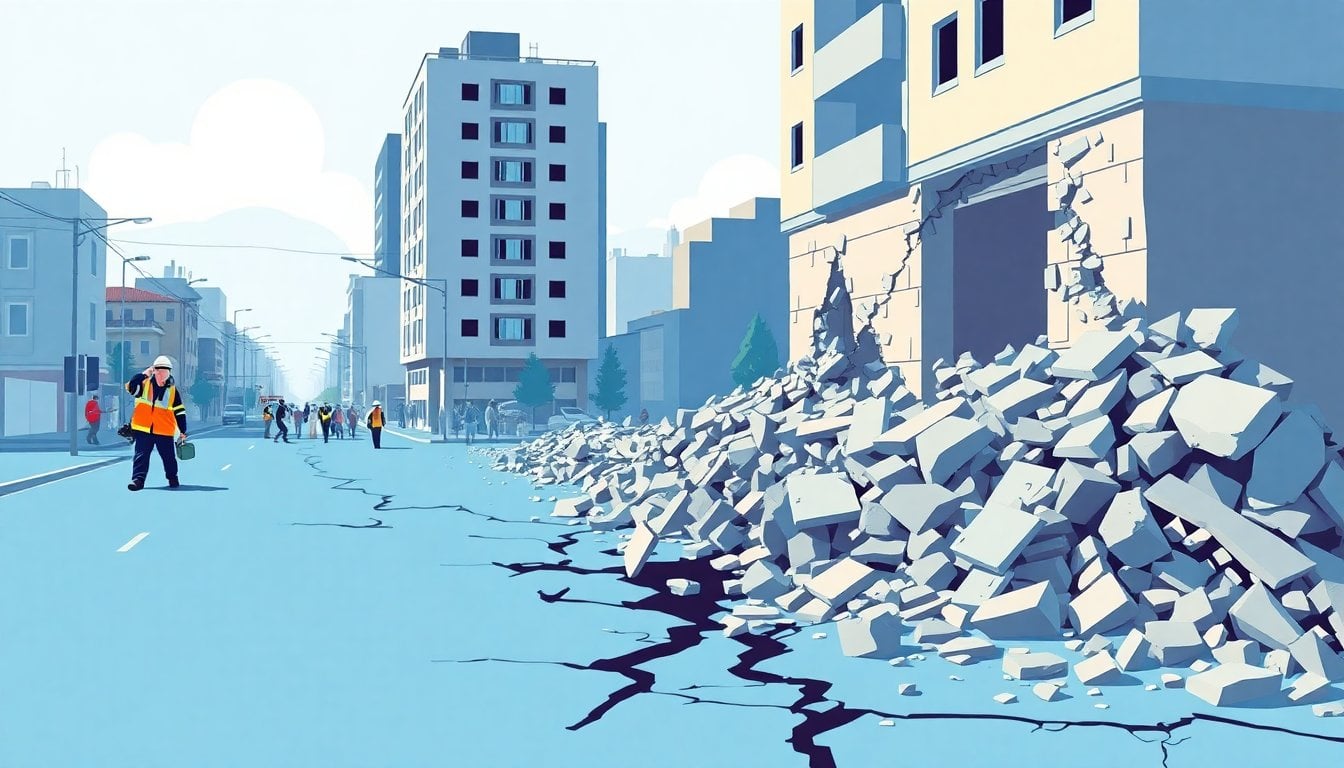 cracked road and collapsed building rubble after earthquake in South American city, emergency response workers in background, daylight