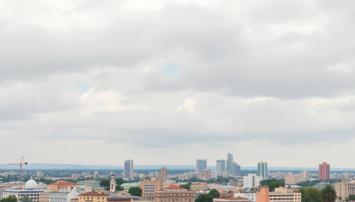 cloudy winter sky over Buenos Aires city skyline, grey overcast clouds, urban landscape, no sun visible