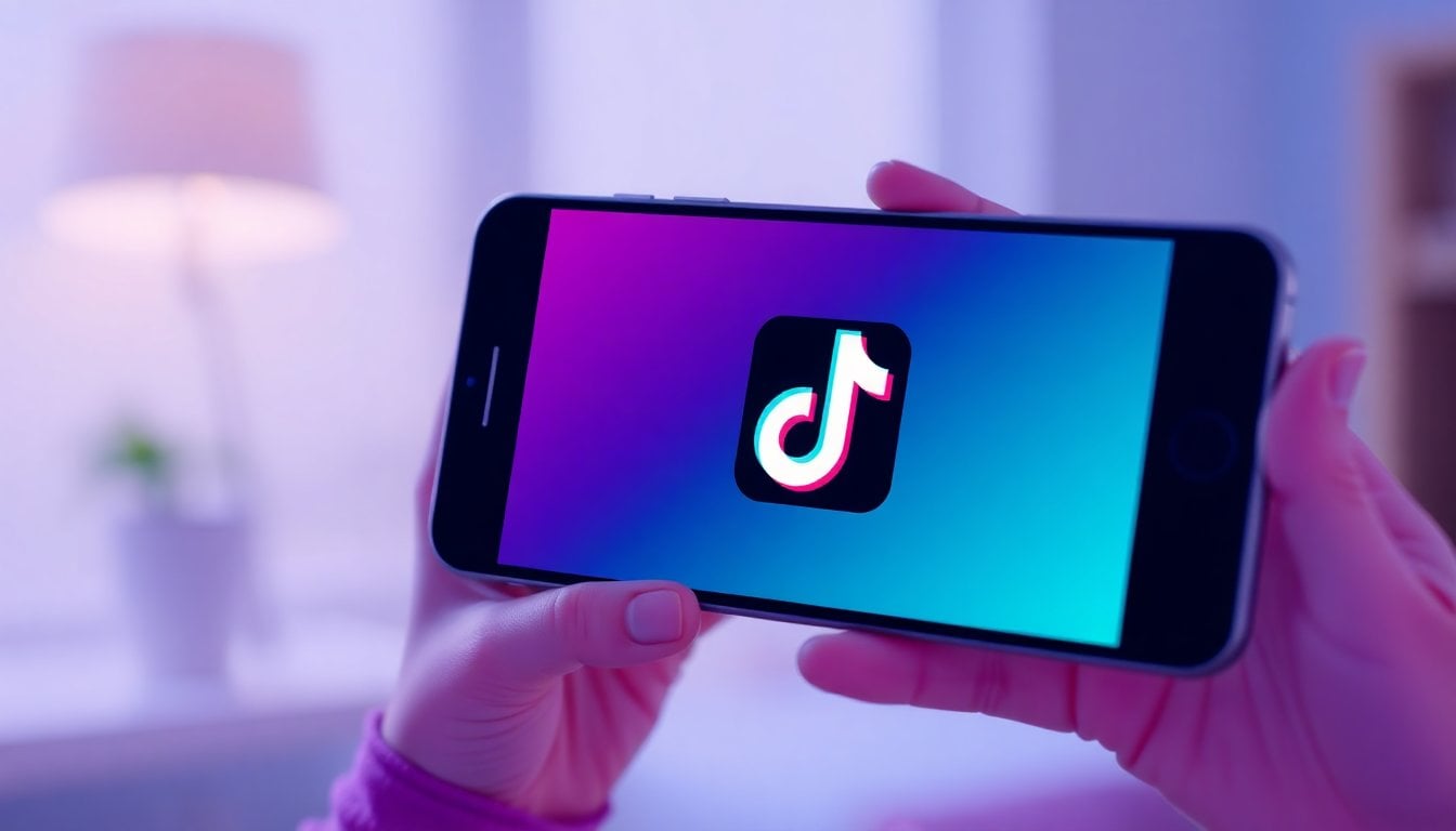 TikTok app logo on smartphone screen held by child hands, blurred background, close-up, soft indoor light