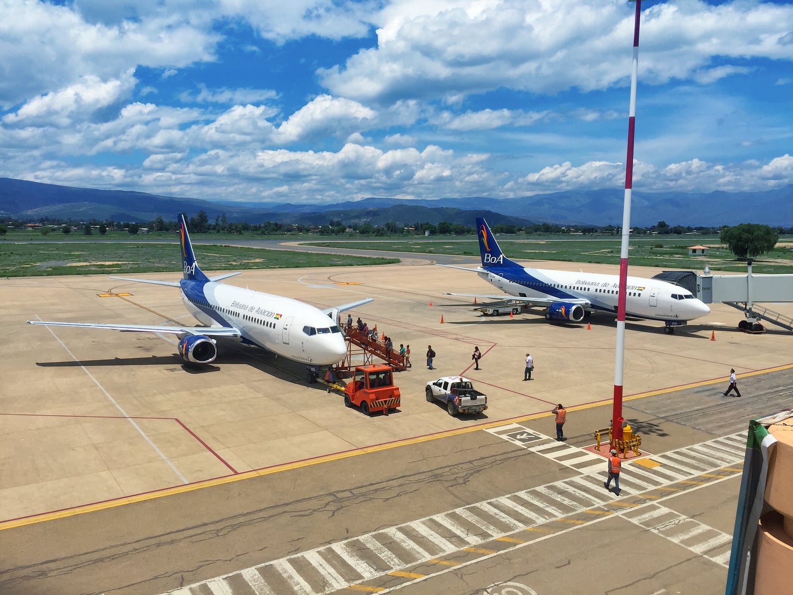 Boliviana de Aviación Boeing 737-300s aircraft parked at Cochabamba's Jorge Wilstermann International Airport.
